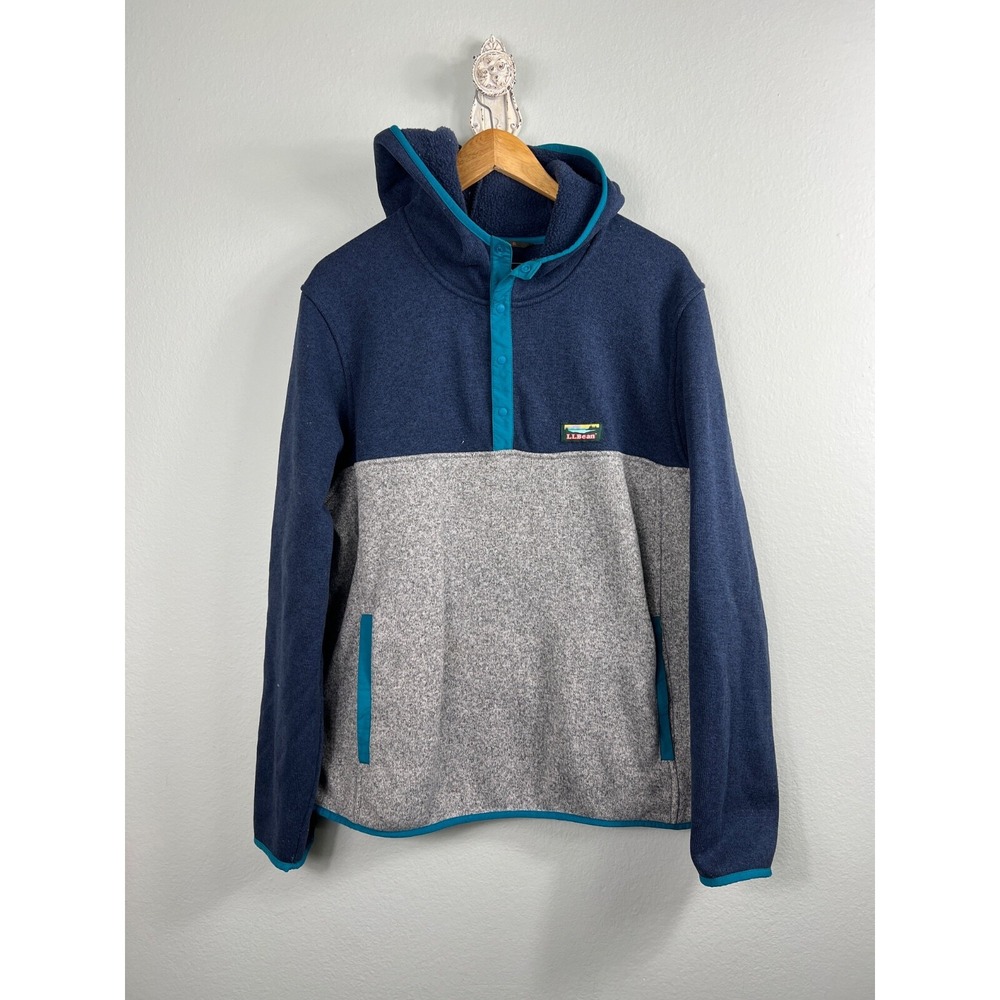 LL Bean Fleece Hooded Pullover Men Size L Slightly Fitted Snap Blue Gray Sweater